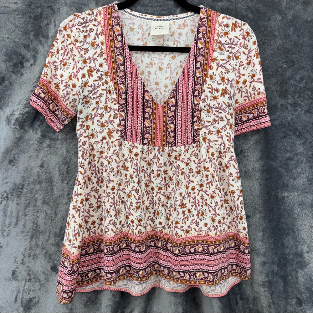 Knox Rose Cream, Red, & Orange Floral V Neck Short Sleeve Boho Blouse Size Small